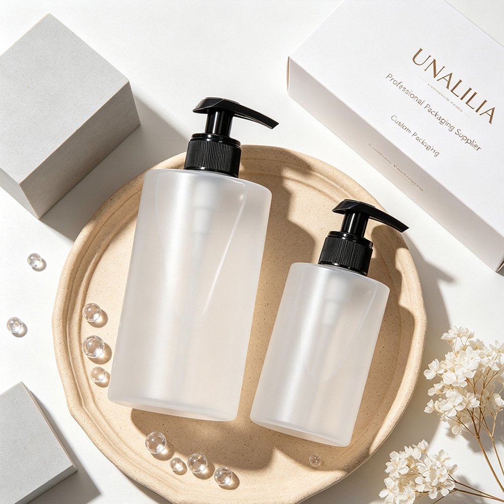 Transparent frosted PET lotion pump bottles with packaging boxes for skincare body care and personal care products