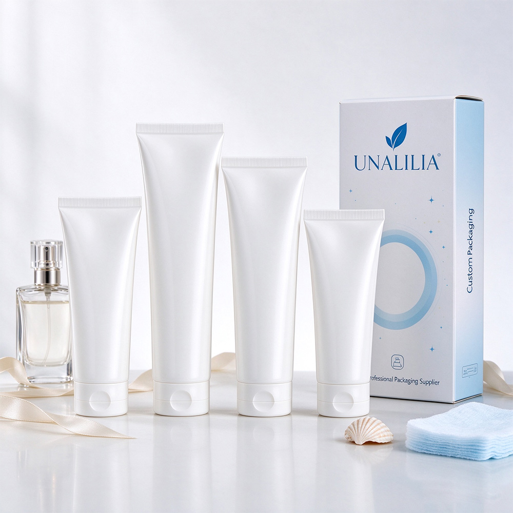 White PE plastic squeeze tubes with flip top caps and packaging boxes for skincare beauty and personal care products