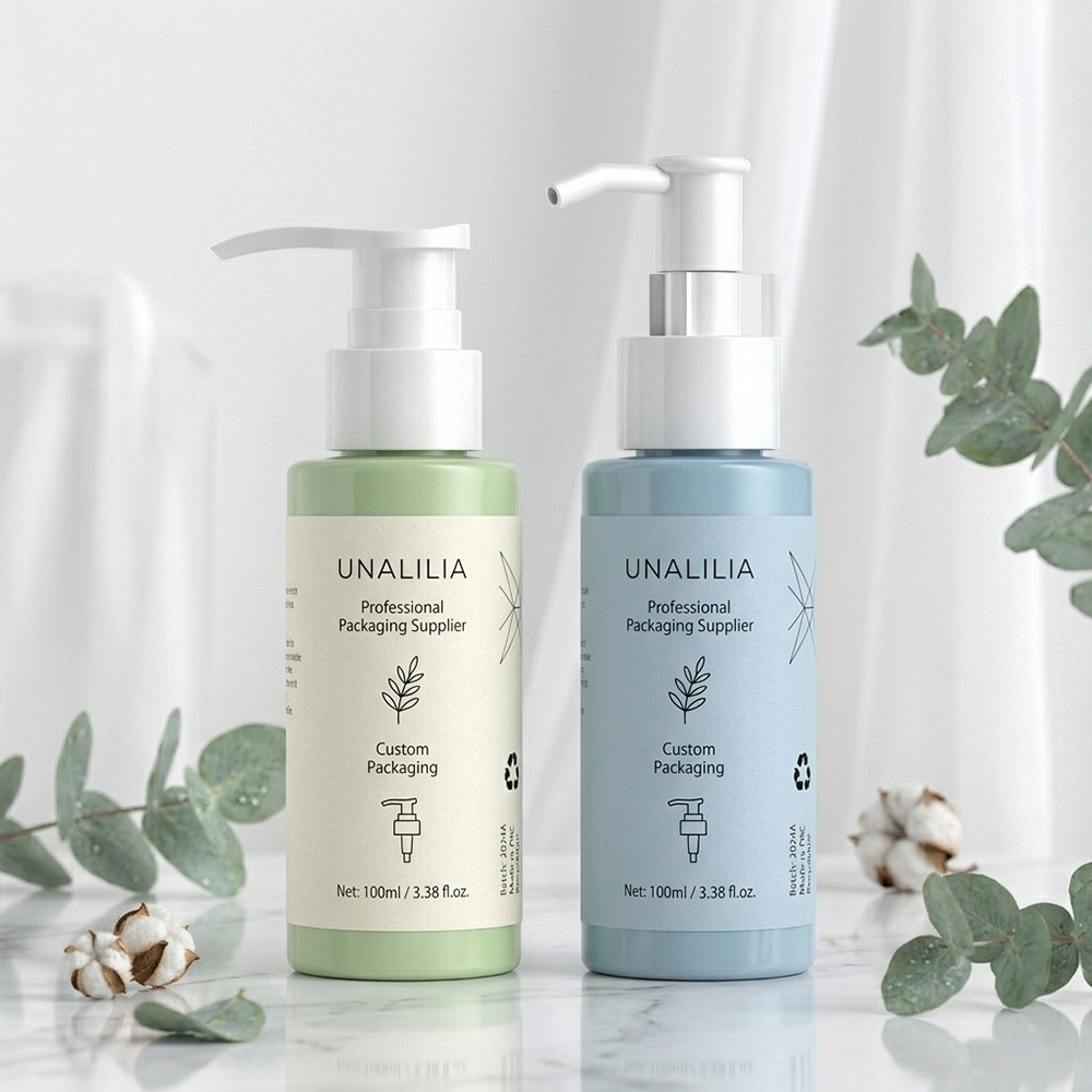 100ml PET cylindrical lotion pump bottle with custom printed label for branded personal care packaging