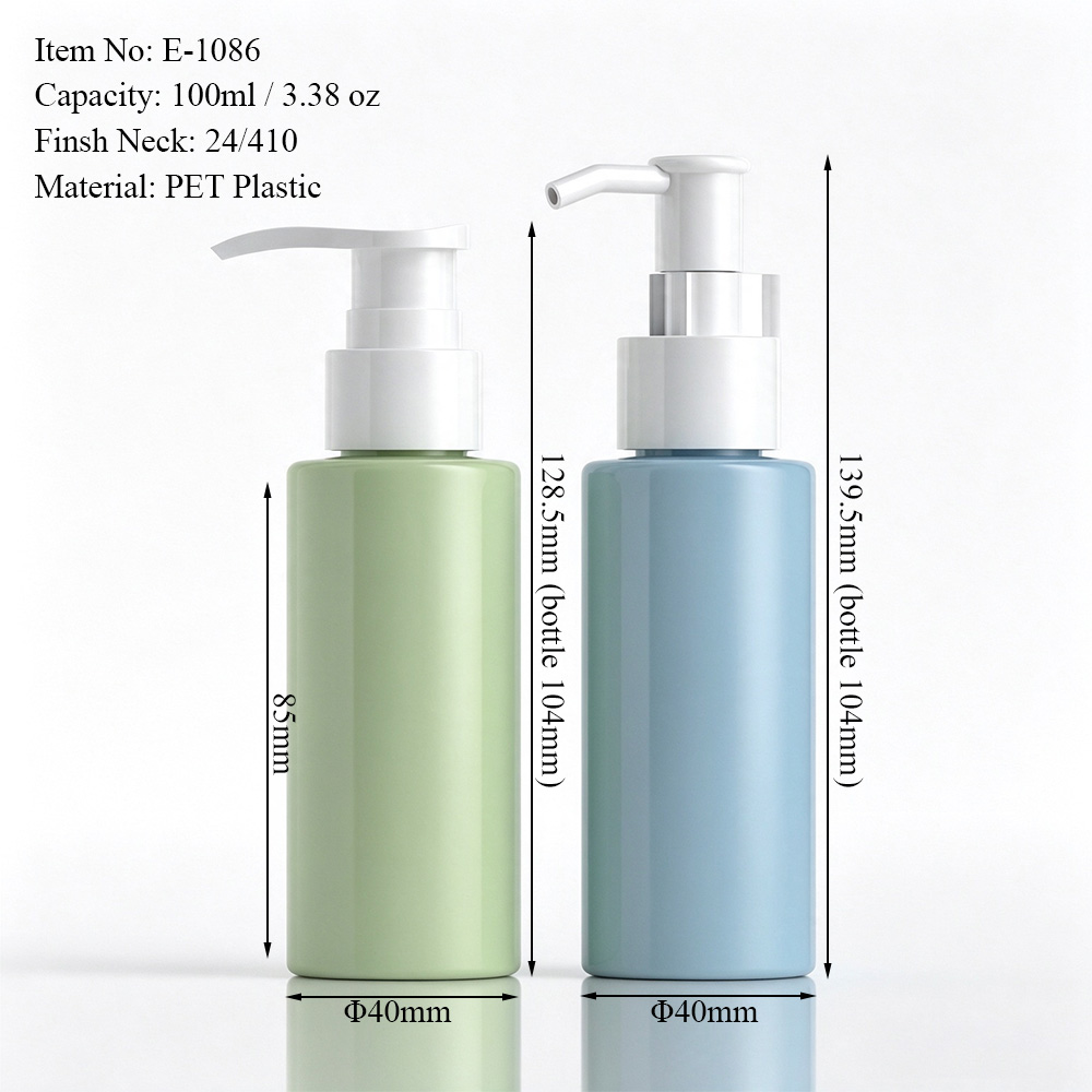 100ml PET bottle dimensions showing 104mm bottle height, 40mm diameter and overall heights of 128.5mm and 139.5mm with different pumps
