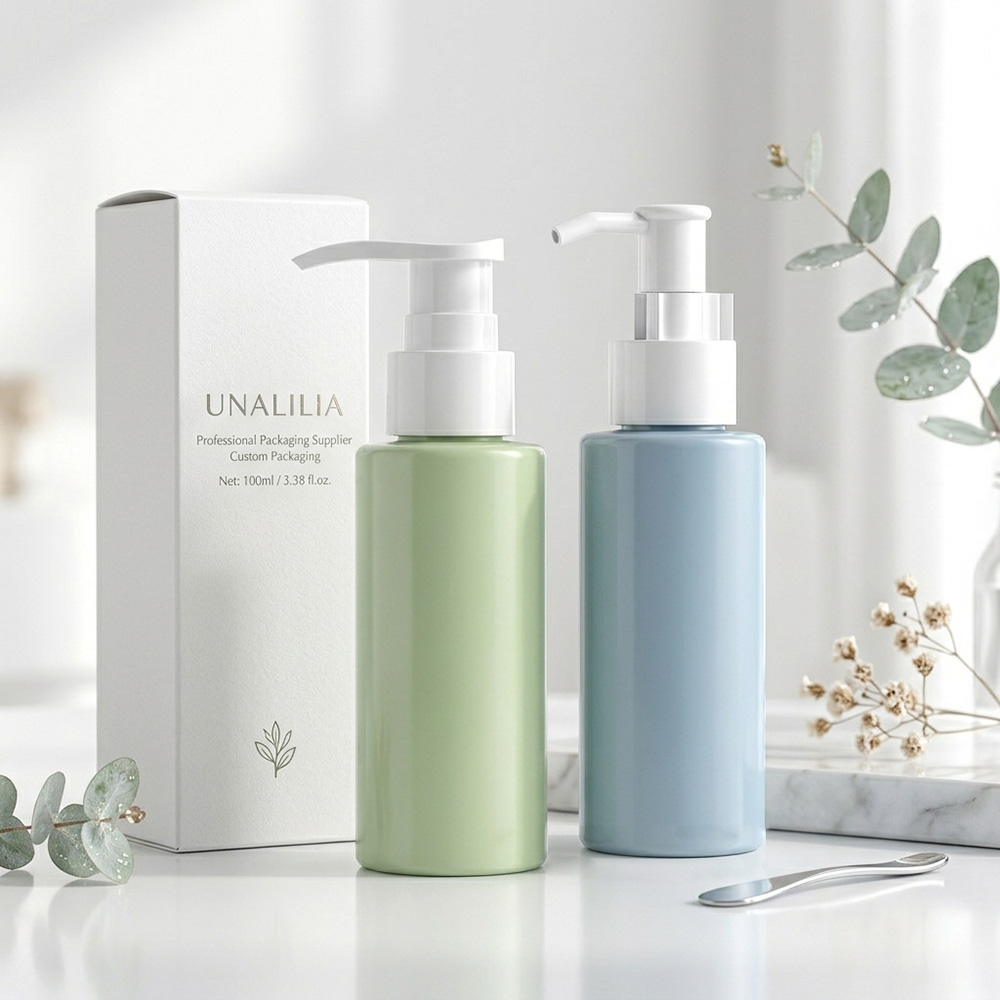 100ml PET cylindrical lotion pump bottle with custom packaging box, available in green and blue
