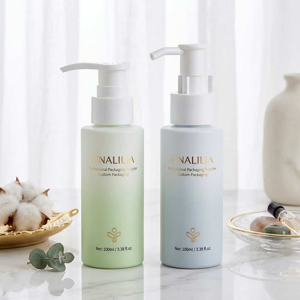 100ml PET lotion pump bottle with custom color spray coating and matching pump for cosmetic packaging