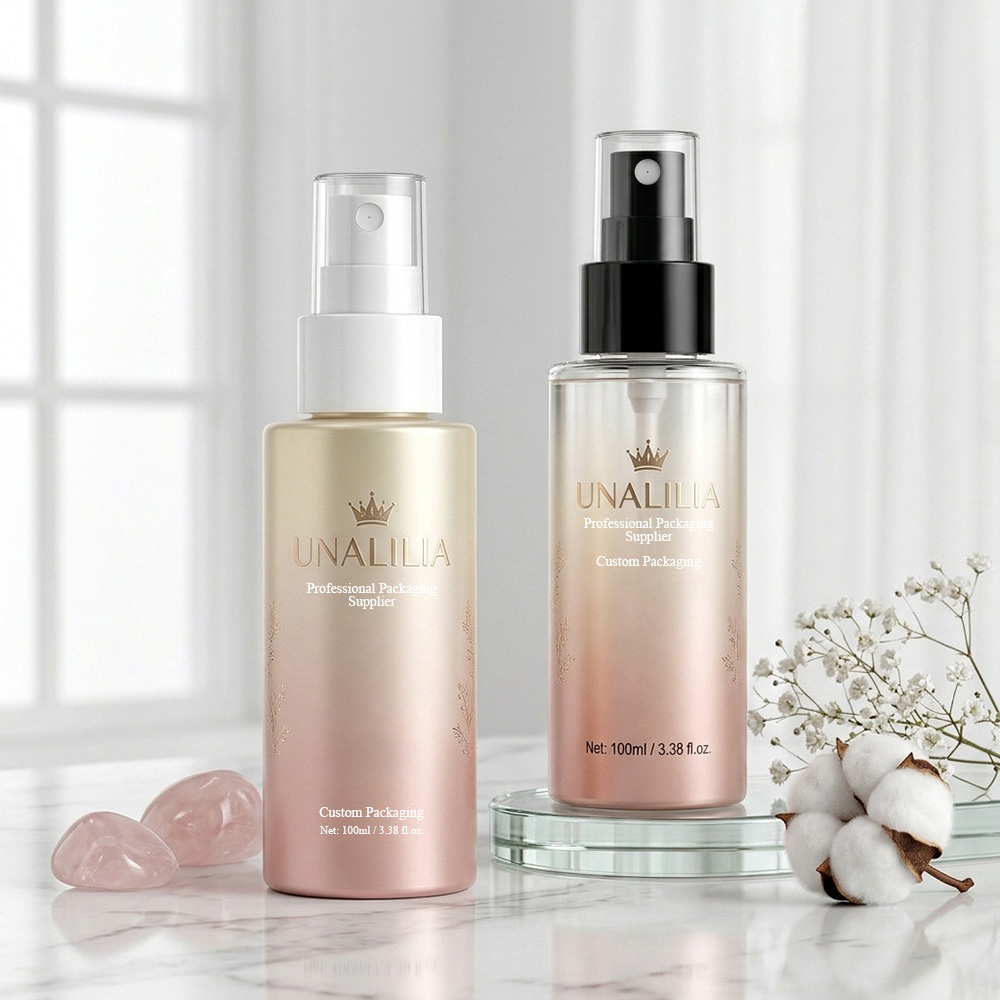 100ml PET fine mist spray bottle with custom color spray coating and matching sprayer for branded cosmetic packaging