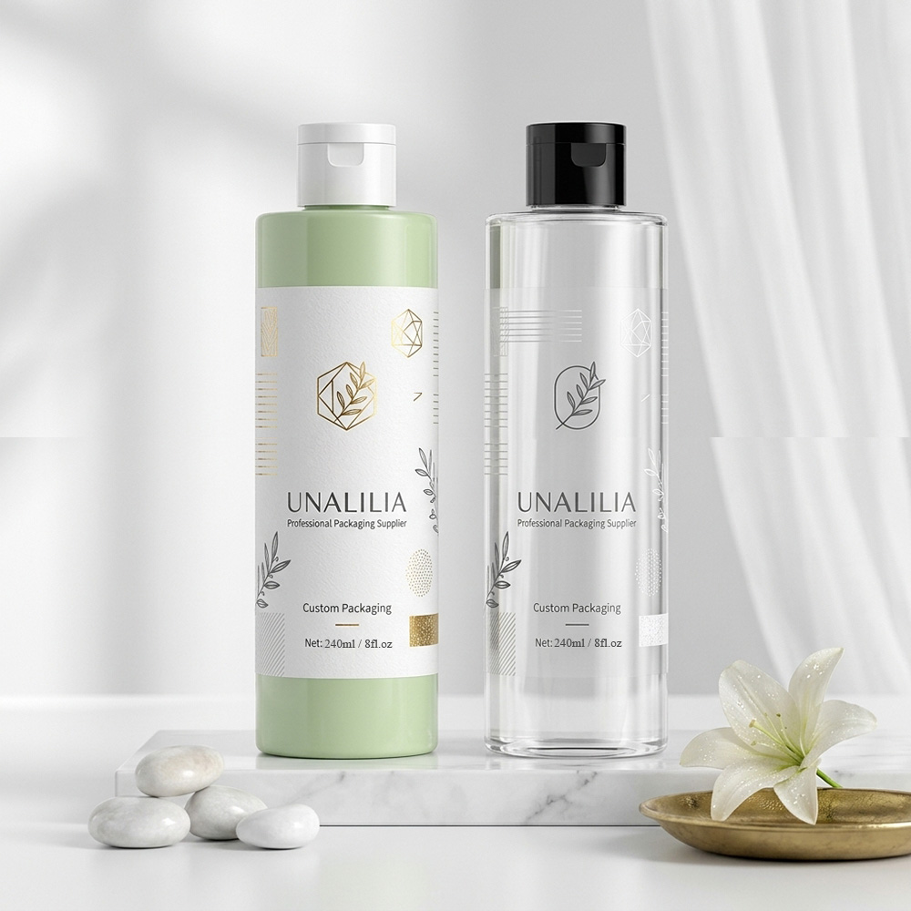 240ml PET cylindrical bottle with custom printed label and flip top cap for personal care packaging
