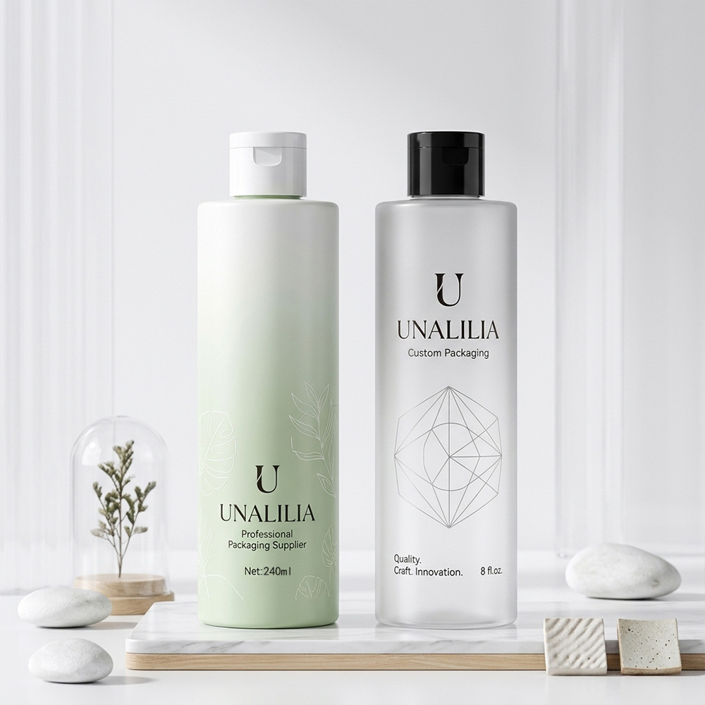 240ml PET plastic bottle with custom color spray coating and flip top cap for branded cosmetic packaging
