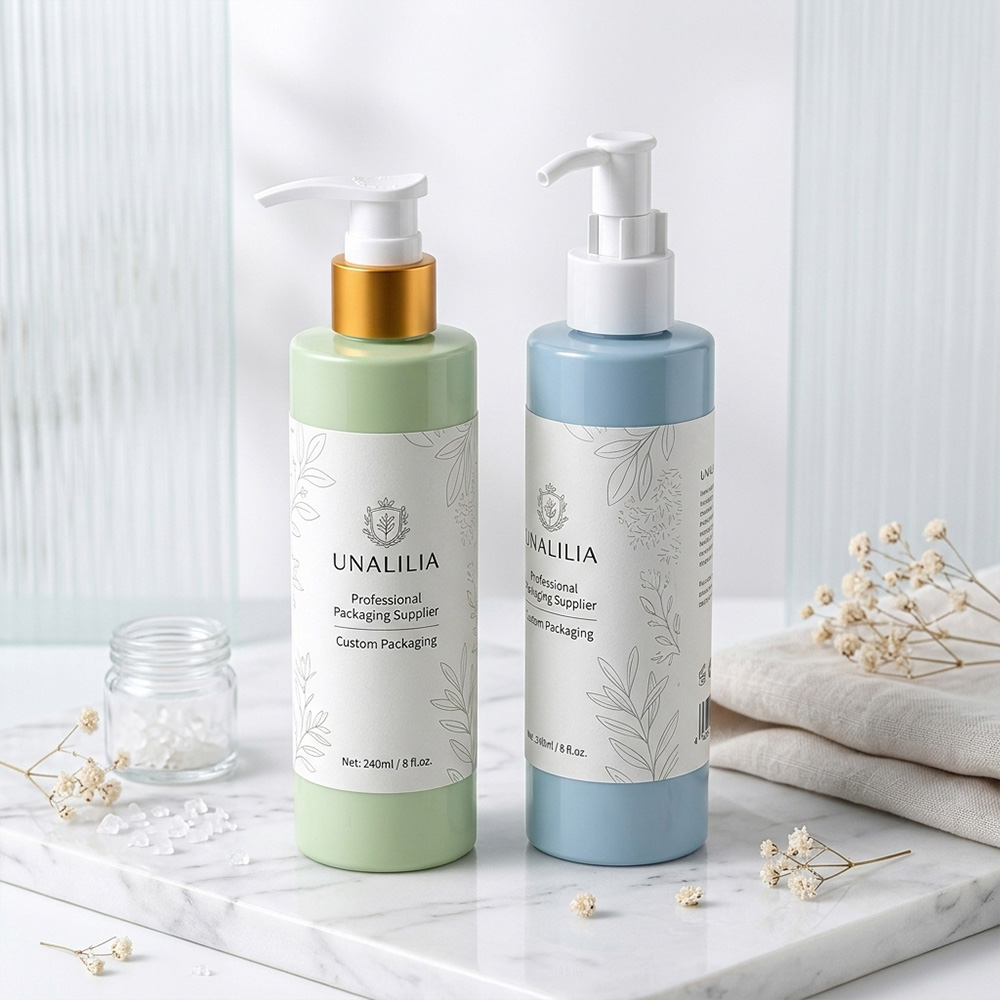 240ml PET cylindrical lotion pump bottle with custom printed label for branded personal care packaging