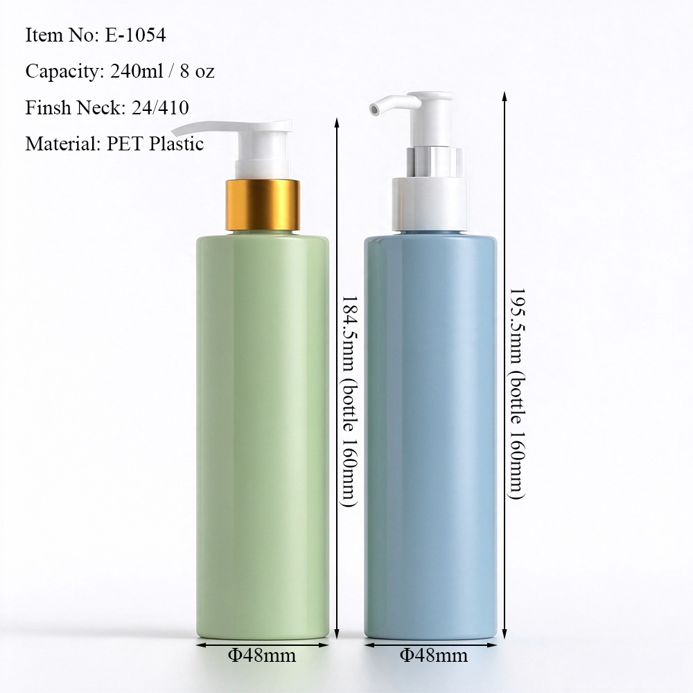 240ml PET bottle dimensions showing 160mm bottle height, 48mm diameter and overall heights of 184.5mm and 195.5mm with different pumps