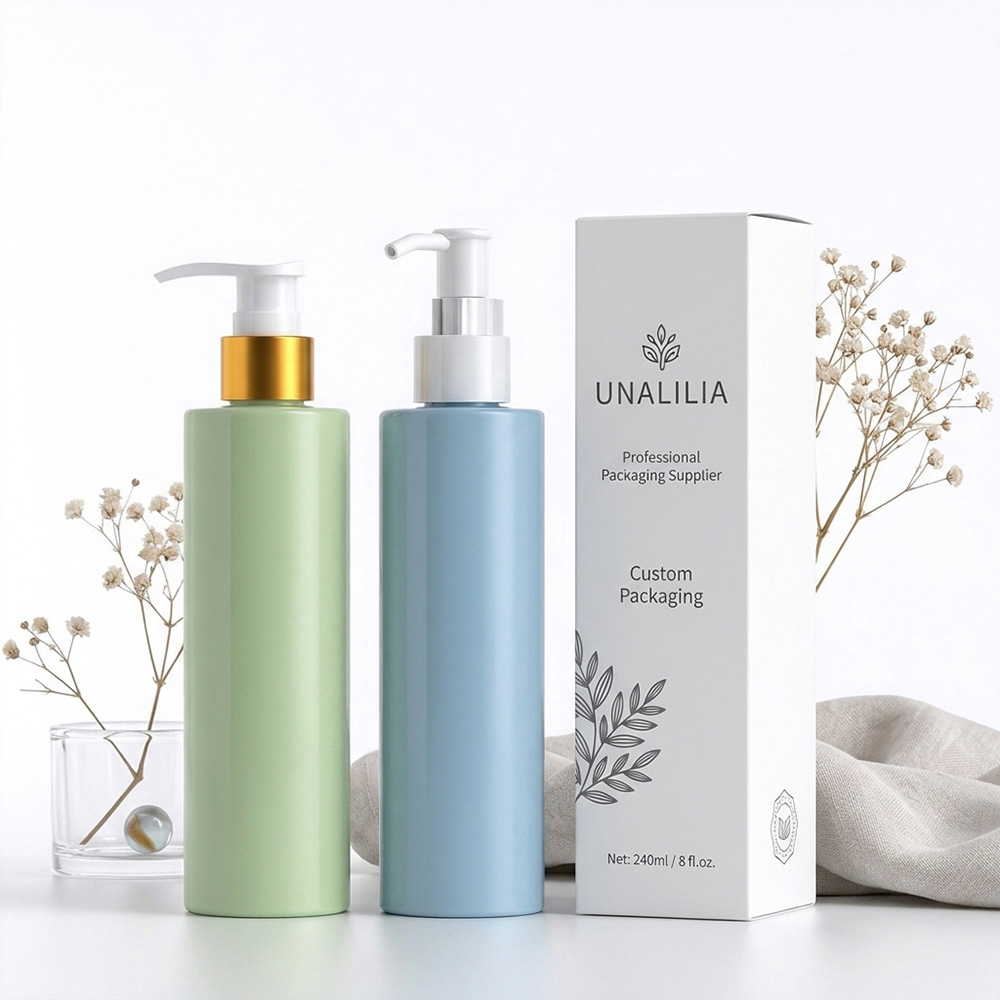 240ml PET cylindrical lotion pump bottle with custom packaging box, available in green and blue