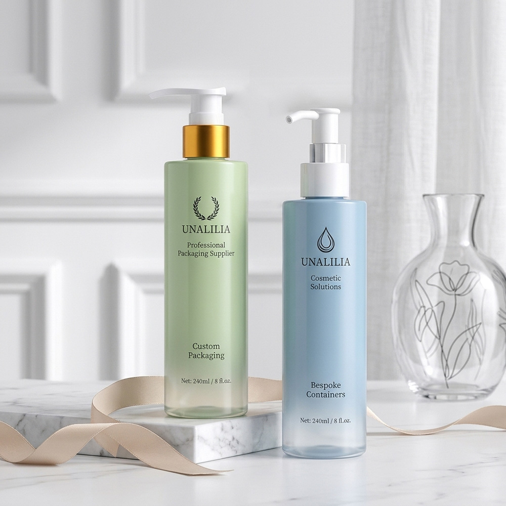 240ml PET lotion pump bottle with custom color spray coating and matching pump for cosmetic packaging