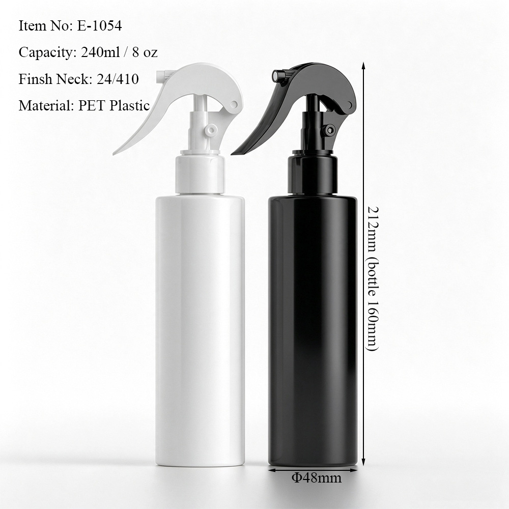 240ml PET trigger spray bottle dimension diagram showing cylindrical bottle and 24/410 trigger sprayer