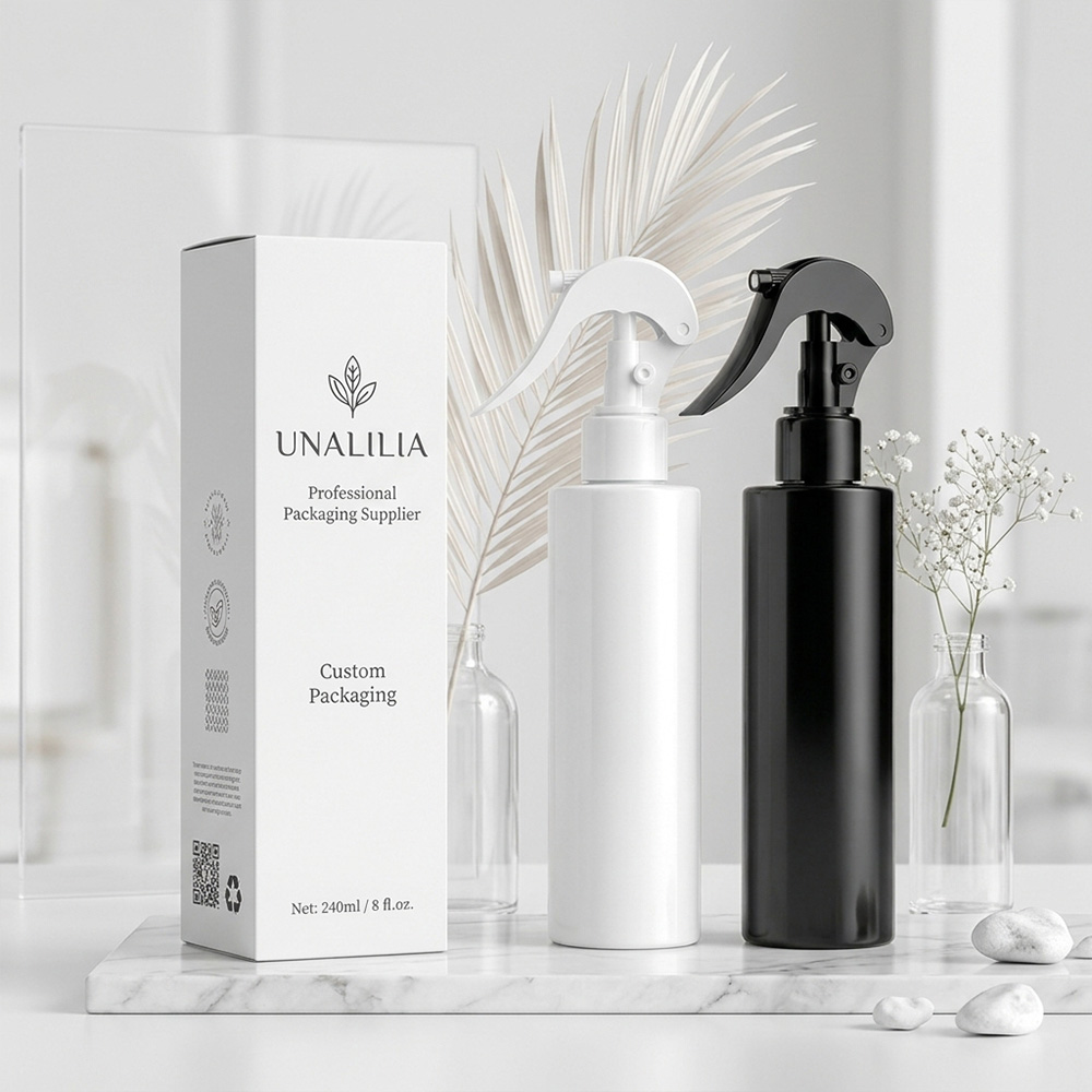 240ml PET cylindrical trigger spray bottle with custom packaging box for household and personal care products