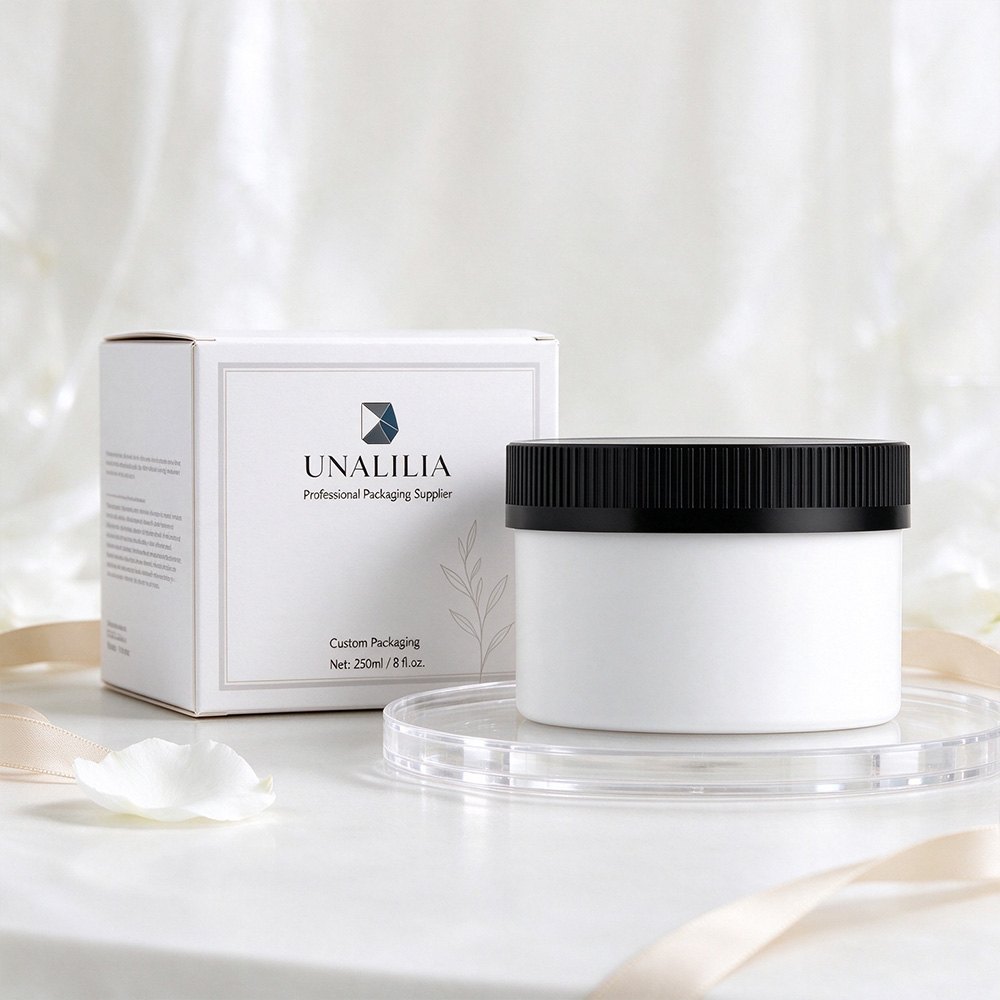250ml white round HDPE plastic jar with 89/400 child resistant screw cap and packaging box shown from another angle