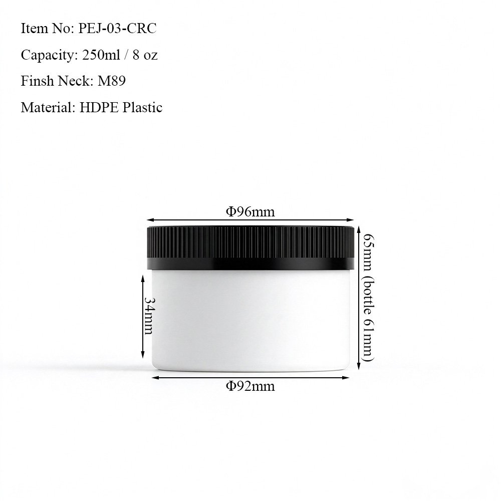 250ml white HDPE plastic jar dimensions showing round body and 89/400 wide mouth neck finish with CRC cap