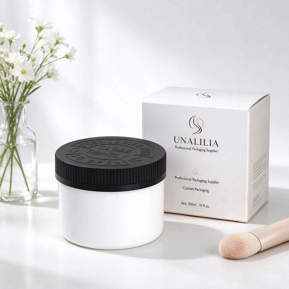 300ml white HDPE wide mouth plastic jar with 89/400 child resistant cap and packaging box for wholesale packaging