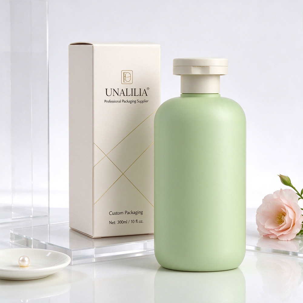 Green 300ml soft touch HDPE Boston round bottle with 24/410 flip top cap and fine matte surface