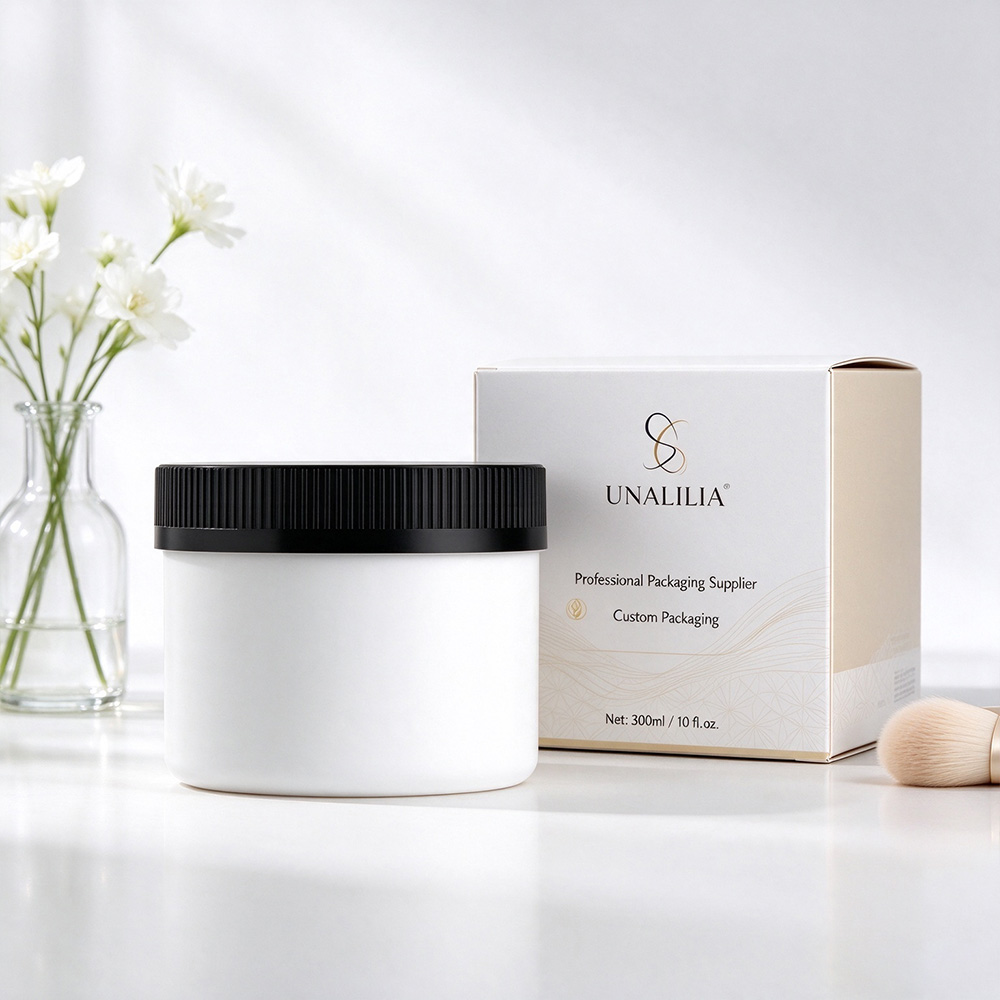 300ml white round HDPE plastic jar with 89/400 child resistant screw cap and packaging box shown from another angle