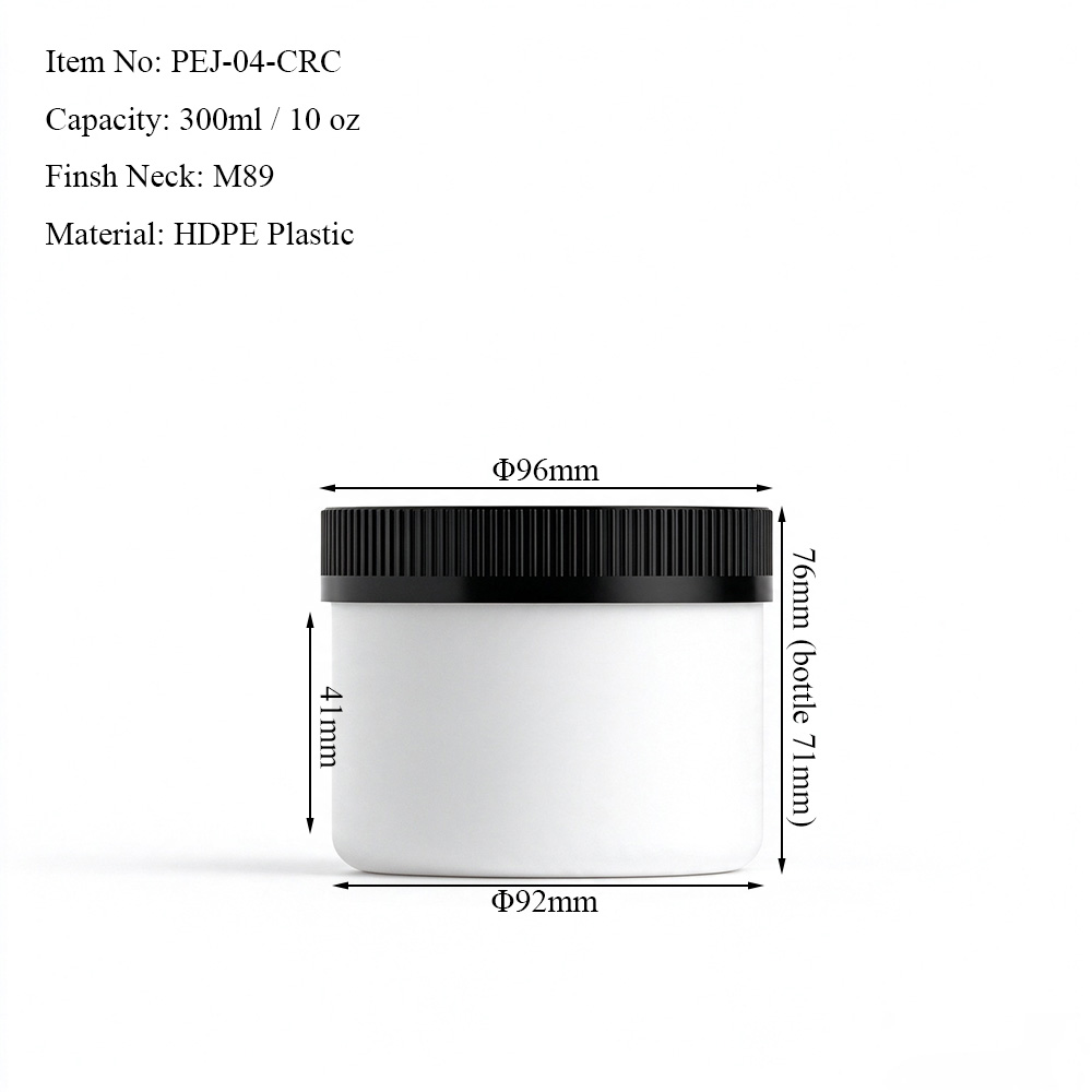 300ml white HDPE plastic jar dimensions showing round body and 89/400 wide mouth neck finish with CRC cap