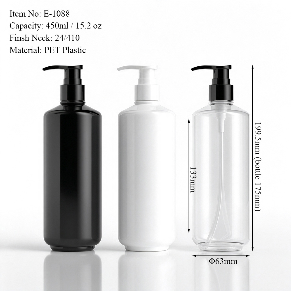 450ml PET bottle dimensions showing 175mm bottle height, 199.5mm overall height with pump and 63mm diameter