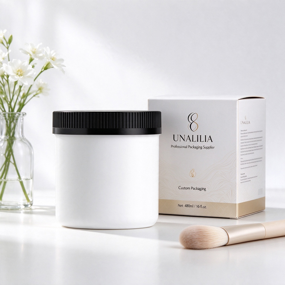 480ml white round HDPE plastic jar with 89/400 child resistant screw cap and packaging box shown from another angle