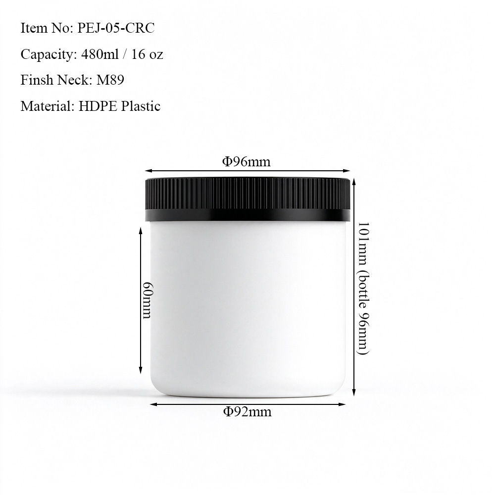 480ml white HDPE plastic jar dimensions showing round body and 89/400 wide mouth neck finish with CRC cap