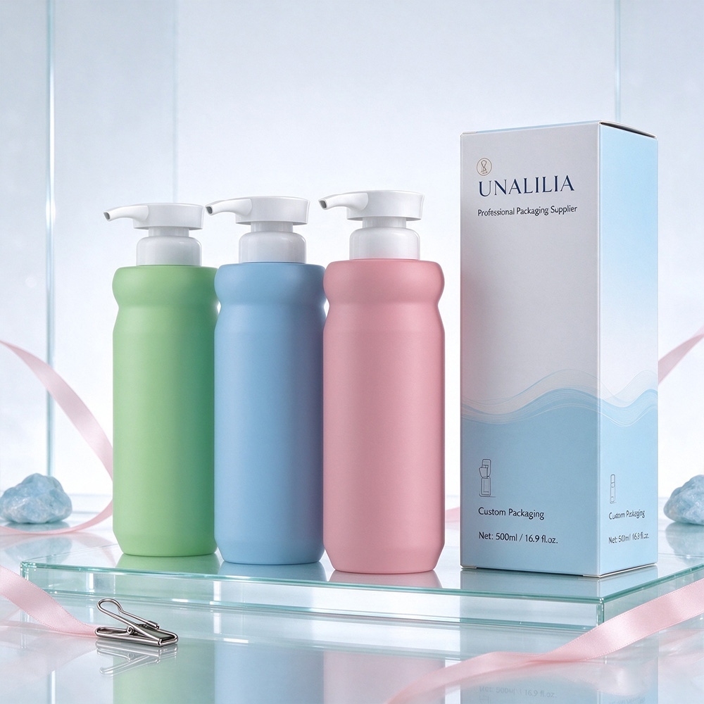 round HDPE 500ml plastic lotion pump bottle with 32/410 pump dispenser and packaging box for skincare and personal care products