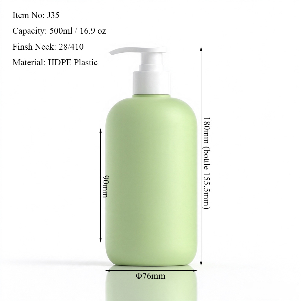 500ml soft touch HDPE bottle dimensions showing 155.5mm bottle height, 180mm overall height with pump and 76mm diameter