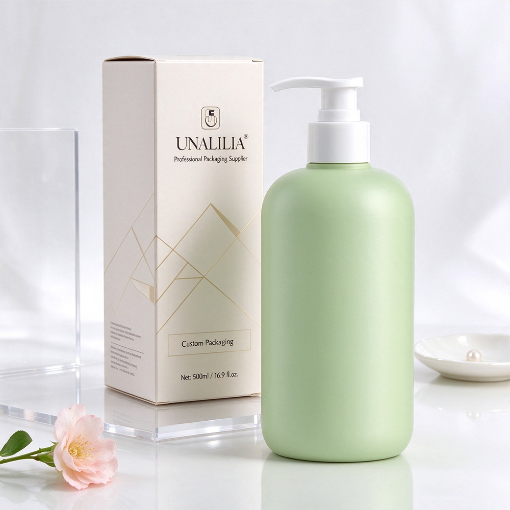 Green 500ml soft touch HDPE Boston round bottle with 28/410 lotion pump and fine matte surface