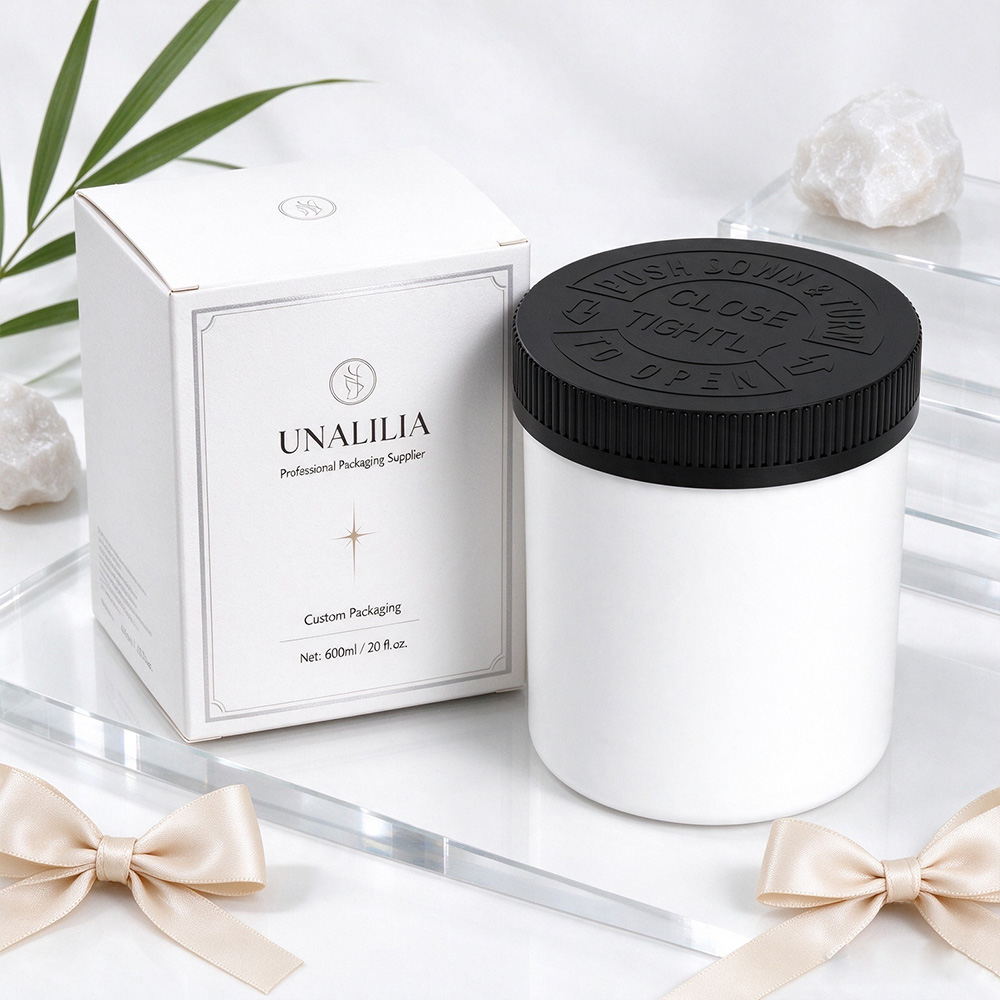 600ml white HDPE wide mouth plastic jar with 89/400 child resistant cap and packaging box for wholesale packaging