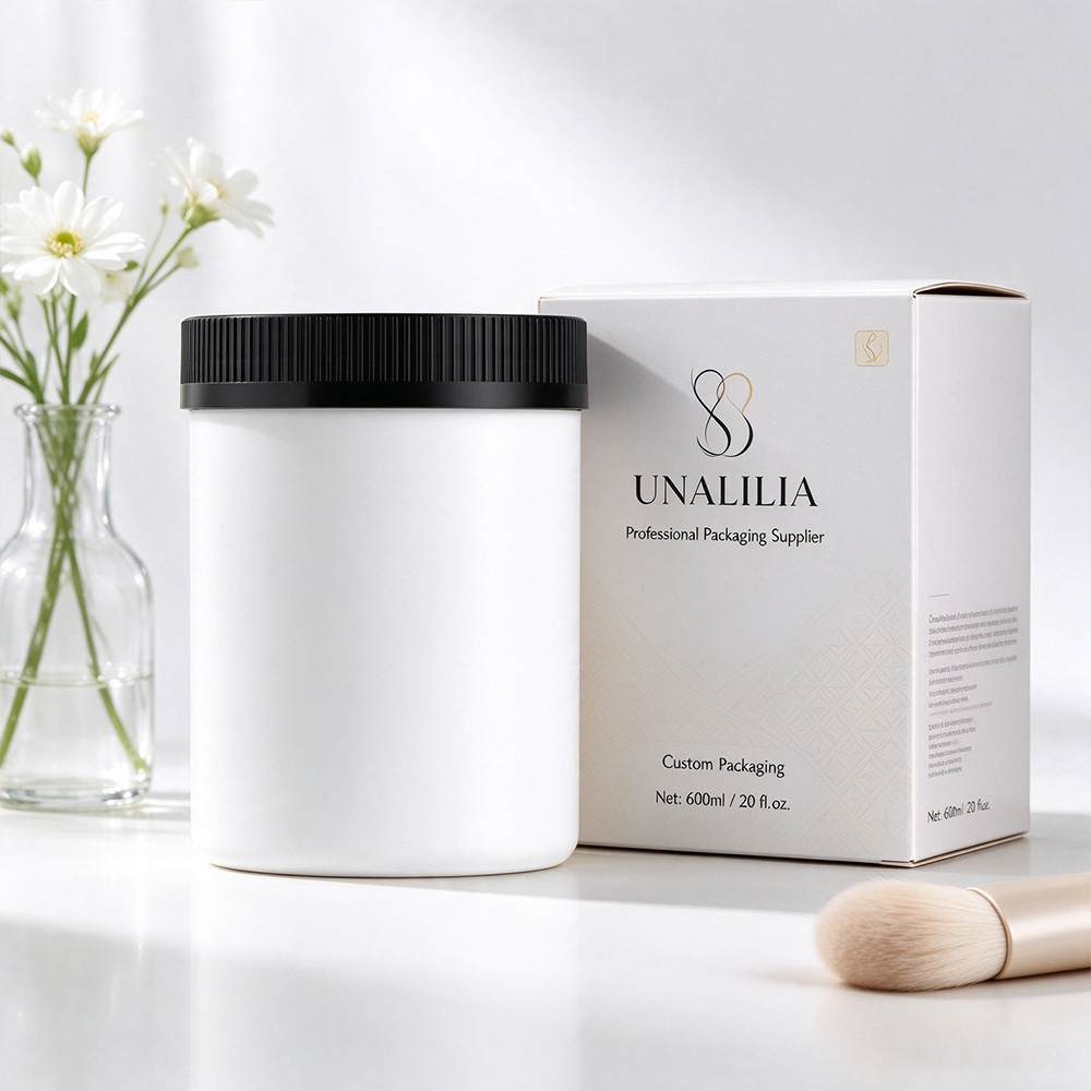 600ml white round HDPE plastic jar with 89/400 child resistant screw cap and packaging box shown from another angle