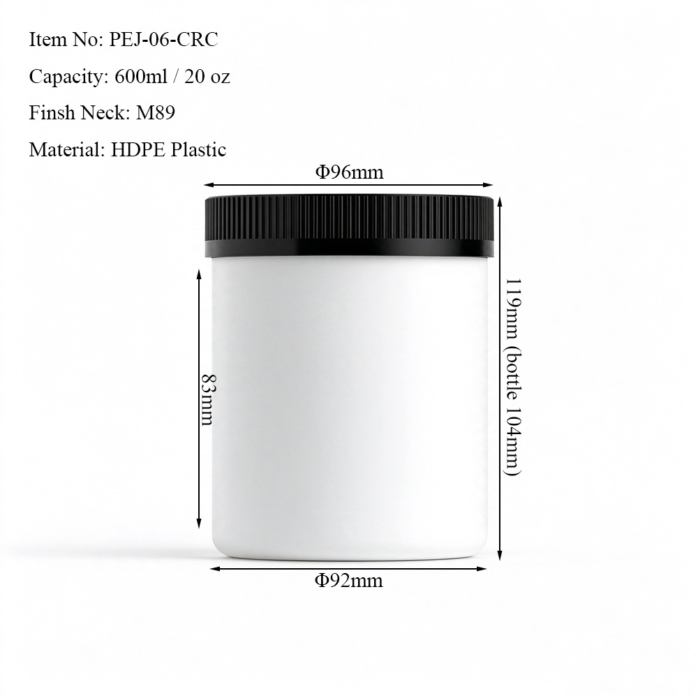 600ml white HDPE plastic jar dimensions showing round body and 89/400 wide mouth neck finish with CRC cap