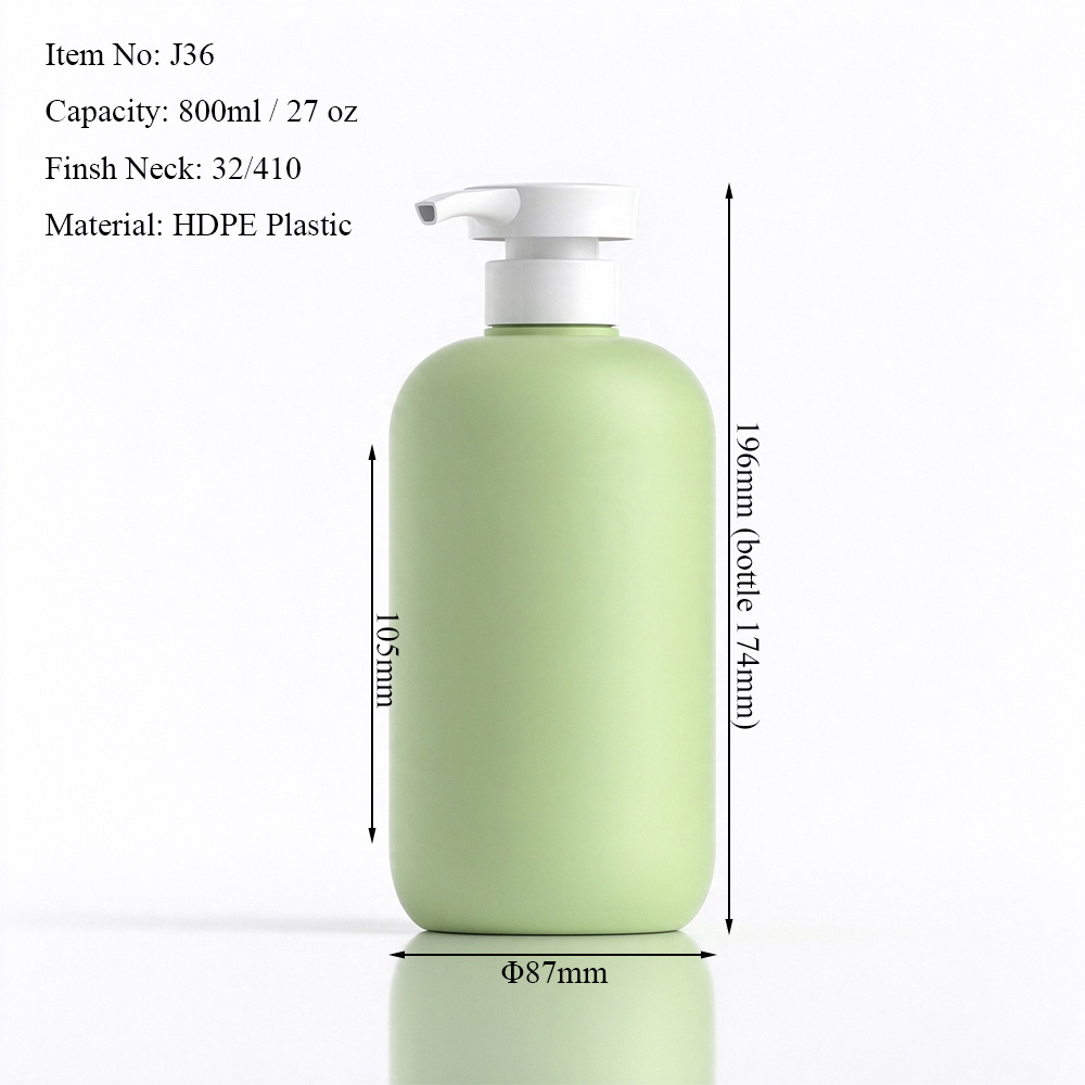 800ml soft touch HDPE bottle dimensions showing 174mm bottle height, 196mm overall height with pump and 87mm diameter