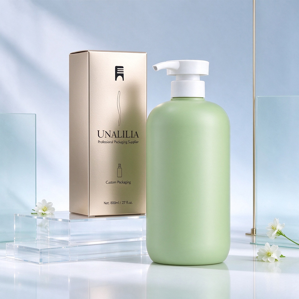 Green 800ml soft touch HDPE Boston round bottle with 32/410 lotion pump and fine matte surface