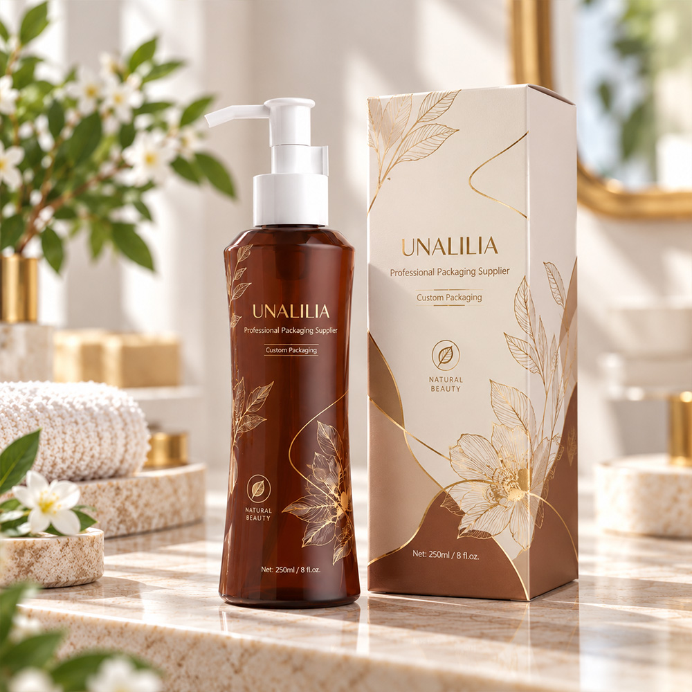 Close-up of amber 250ml PET plastic bottle with curved body and white lotion pump