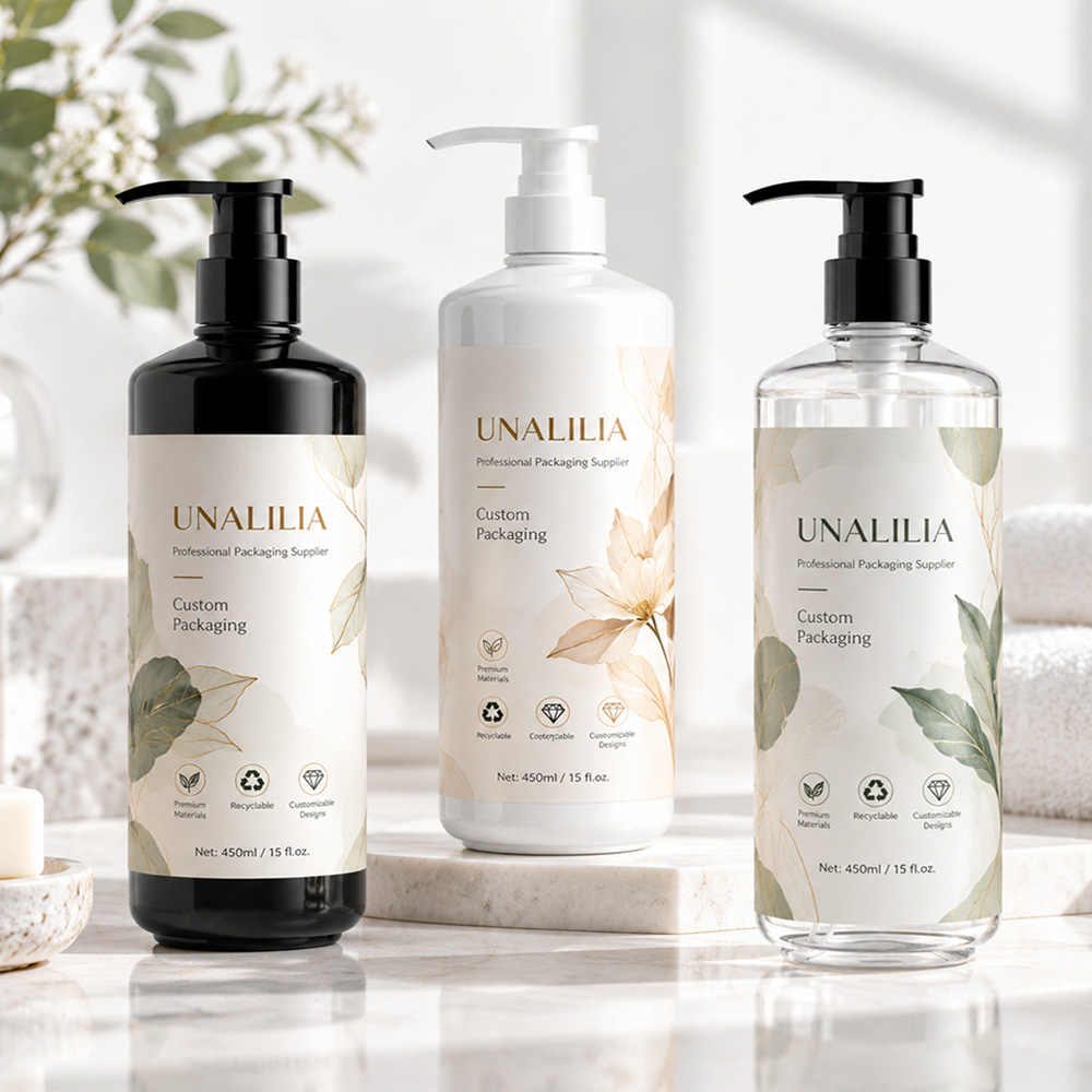 Custom labeled 450ml PET plastic bottle with lotion pump for skincare and personal care products