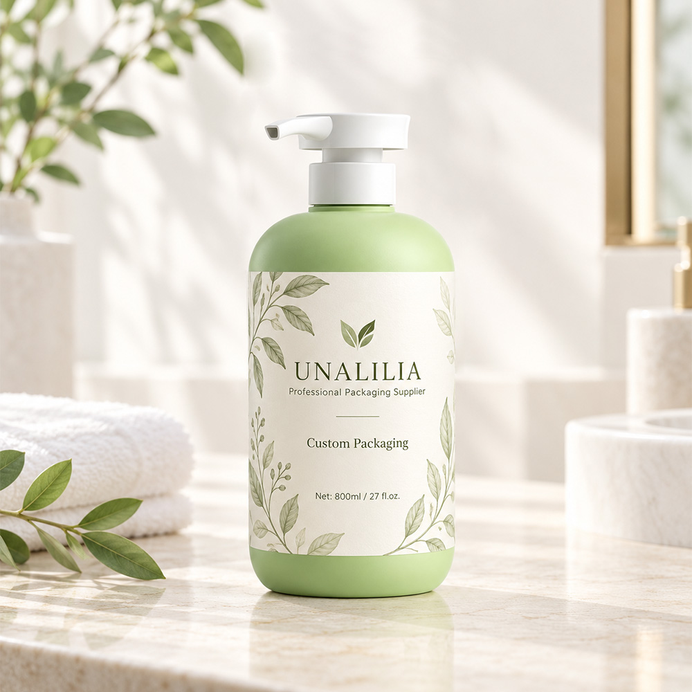 Custom labeled 800ml soft touch HDPE Boston round bottle for body lotion and personal care packaging