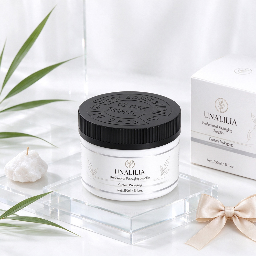 Custom label 250ml HDPE plastic jar with 89/400 child resistant cap for private label and wholesale packaging