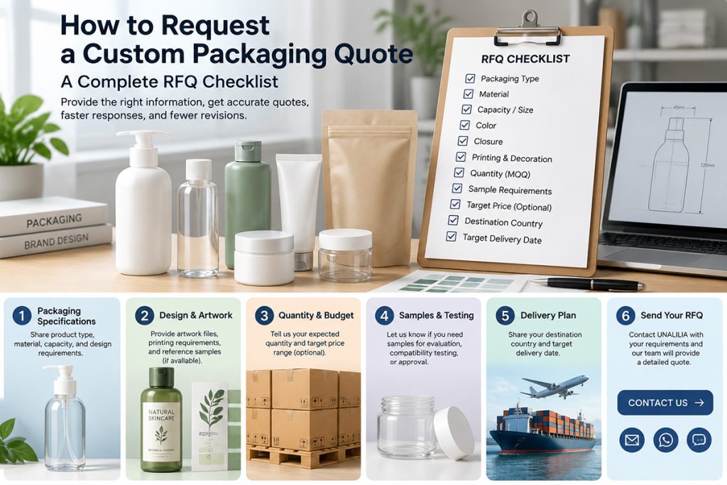 Custom packaging quote RFQ checklist showing packaging specifications, artwork, order quantity, samples and delivery planning